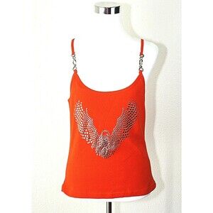 BIKER DESIGN Knit Tank Top Sz. L Orange Metal Dots Eagle Biker Summer Casual #02